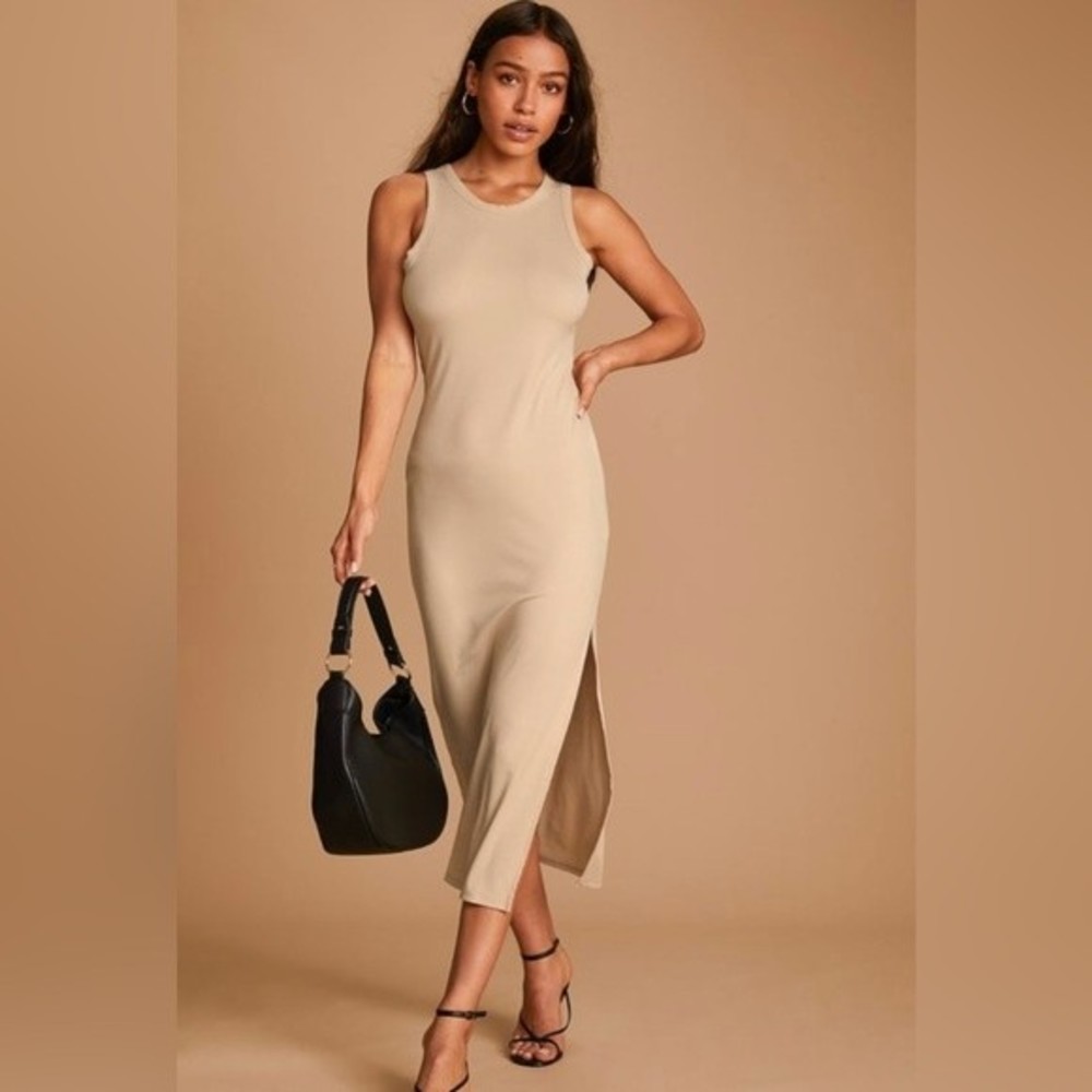 Lulus Simply Wonderful Tan Ribbed Bodycon Midi Dress Size XS